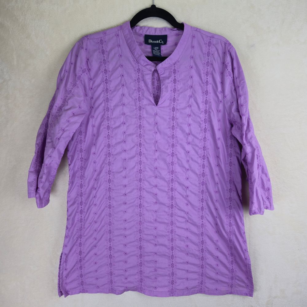 Denim & Co Women Short Sleeve Shirt Large‎ Purple Floral Bohemian Cottagecore